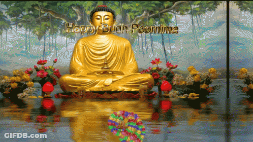 A Painting Of A Buddha In A Pond With The Words Happy Buddh Pournima GIF