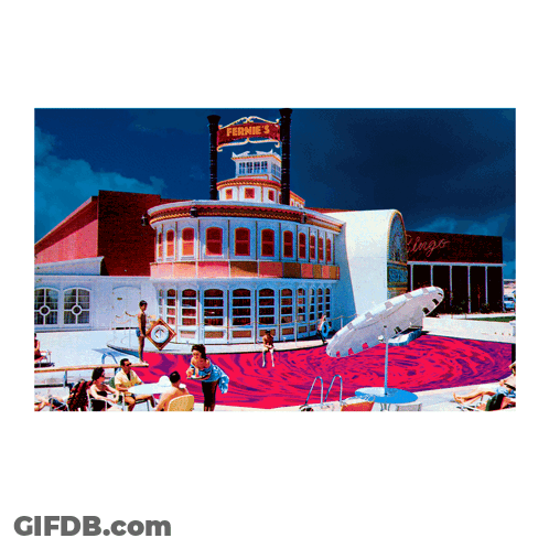 A Painting Of A Building With A Sign That Says " Fermie 'S " GIF