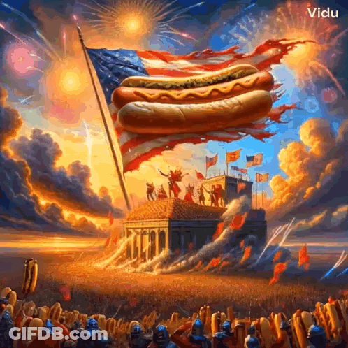 A Painting Of A Bunch Of Hot Dogs Flying Through The Air GIF