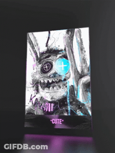 A Painting Of A Bunny With A Cross In Its Eye And The Word Cute On The Bottom GIF