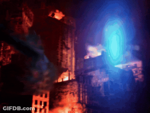 A Painting Of A Burning Building With A Blue Light In The Middle GIF