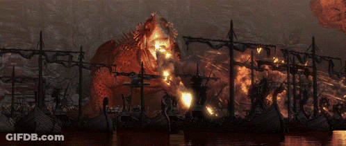 A Painting Of A Burning City With A Few Boats In The Water GIF