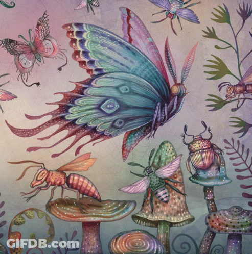 A Painting Of A Butterfly Surrounded By Mushrooms And Bugs GIF
