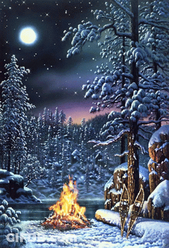 A Painting Of A Campfire In The Snow GIF