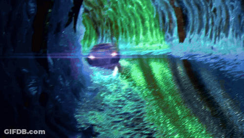 A Painting Of A Car Driving Through A Tunnel With Green Lights GIF