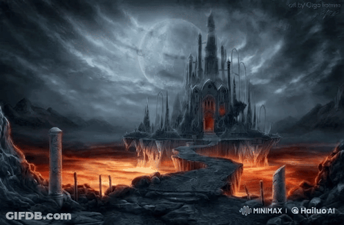 A Painting Of A Castle In The Middle Of A Volcano With The Words Minimax Hailuo Ai On The Bottom GIF