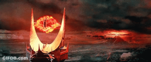 A Painting Of A Castle With A Large Eye On It GIF