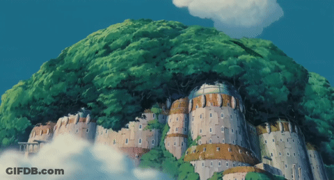 A Painting Of A Castle With A Tree On Top Of It GIF