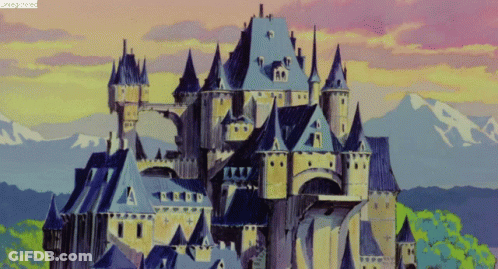 A Painting Of A Castle With Mountains In The Background And A Watermark That Says ' Registered ' On The Bottom GIF
