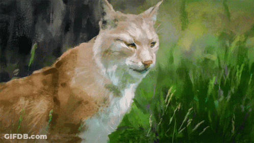 A Painting Of A Cat In The Grass With A Dark Background GIF