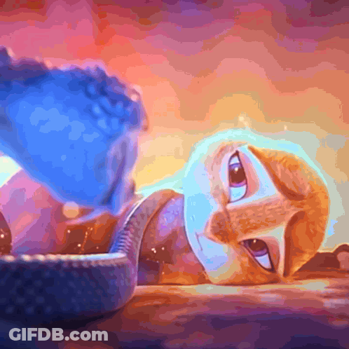 A Painting Of A Cat Laying On A Table With A Snake In The Background GIF