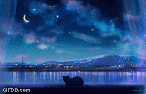 A Painting Of A Cat Looking Out A Window At A Night Sky GIF