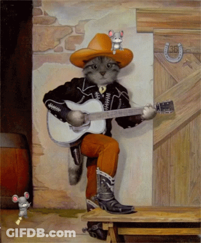 A Painting Of A Cat Playing A Guitar With A Mouse On His Hat GIF
