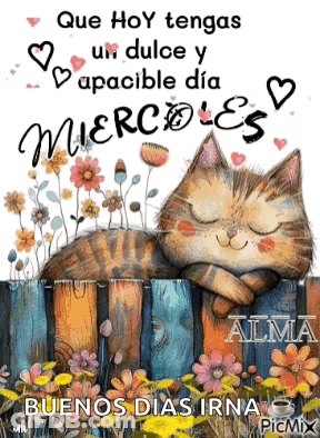 A Painting Of A Cat Sleeping On A Fence With Flowers In The Background . GIF