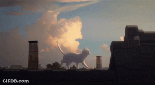 A Painting Of A Cat Walking On A Roof With Clouds In The Background GIF