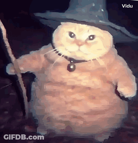 A Painting Of A Cat Wearing A Wizard Hat And Holding A Cane GIF