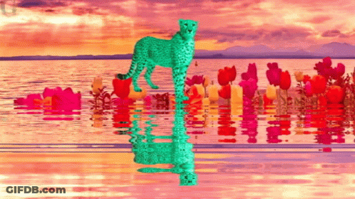 A Painting Of A Cheetah In The Water With Flowers In The Background GIF
