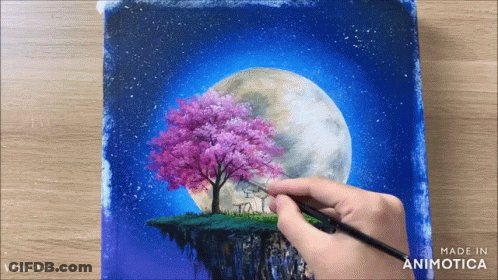 A Painting Of A Cherry Blossom Tree In Front Of A Full Moon Is Made By Wow Art GIF