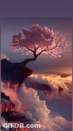 A Painting Of A Cherry Blossom Tree On A Cliff GIF