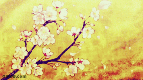 A Painting Of A Cherry Blossom Tree With The Name Panda On The Bottom Right Corner GIF
