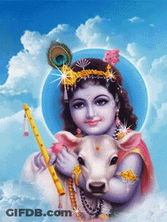 A Painting Of A Child Holding A Cow And A Flute GIF