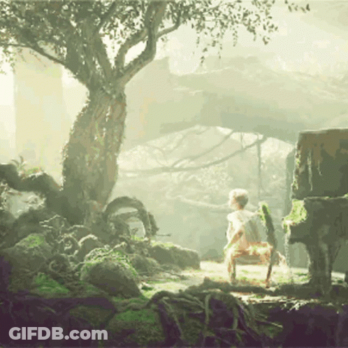 A Painting Of A Child Sitting Under A Tree In A Forest GIF