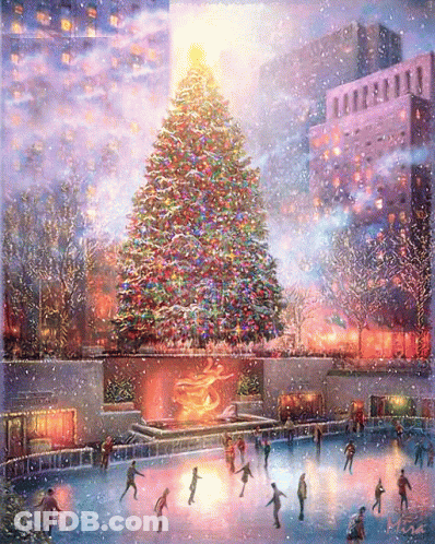 A Painting Of A Christmas Tree With People Ice Skating In Front Of It GIF