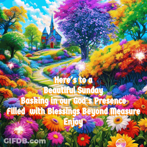 A Painting Of A Church In A Field Of Flowers GIF
