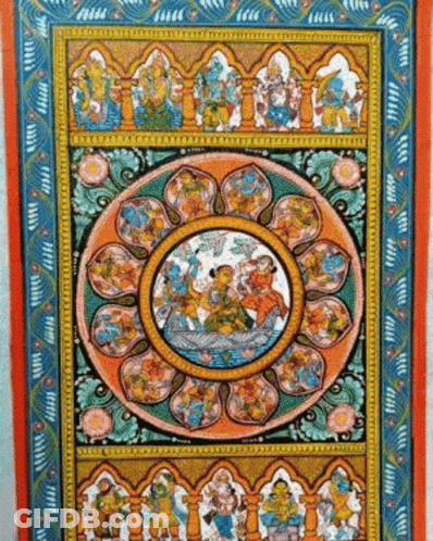 A Painting Of A Circle With A Lot Of People In It . GIF