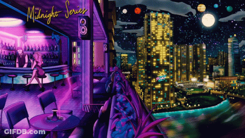 A Painting Of A City At Night With The Words " Midnight Series " GIF