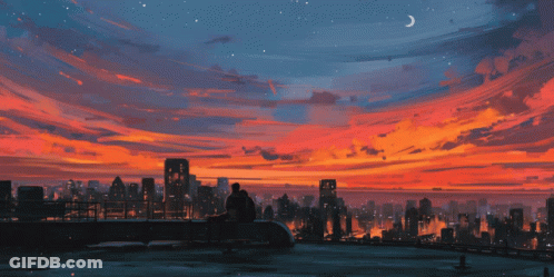 A Painting Of A City At Sunset With The Word Gen In White GIF