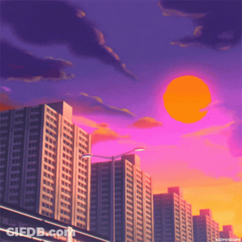 A Painting Of A City Skyline At Sunset With The Word Kidhoograph On The Bottom GIF