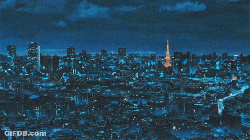 A Painting Of A City Skyline With A Blue Sky GIF