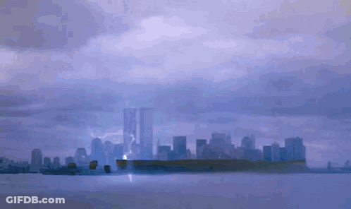 A Painting Of A City Skyline With A Lightning Strike In The Distance GIF