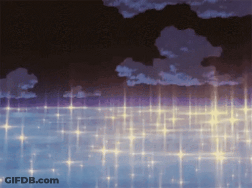 A Painting Of A Cloudy Sky Over A Body Of Water With Stars GIF