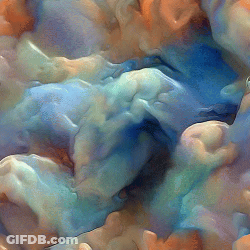 A Painting Of A Cloudy Sky With Blue And Orange Colored Clouds GIF