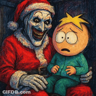 A Painting Of A Clown Dressed As Santa Claus Holding A Sad South Park Character GIF