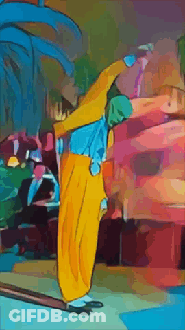A Painting Of A Clown In A Yellow Outfit GIF