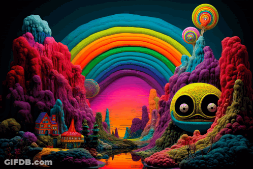 A Painting Of A Colorful Landscape With A Rainbow GIF