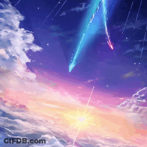 A Painting Of A Comet Flying Through A Cloudy Sky At Sunset GIF