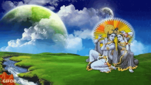 A Painting Of A Couple Of Deities Sitting In A Field GIF