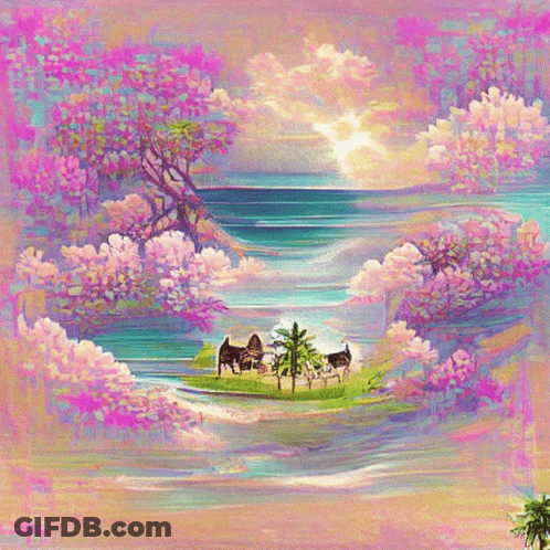 A Painting Of A Cow On A Small Island In The Middle Of The Ocean GIF