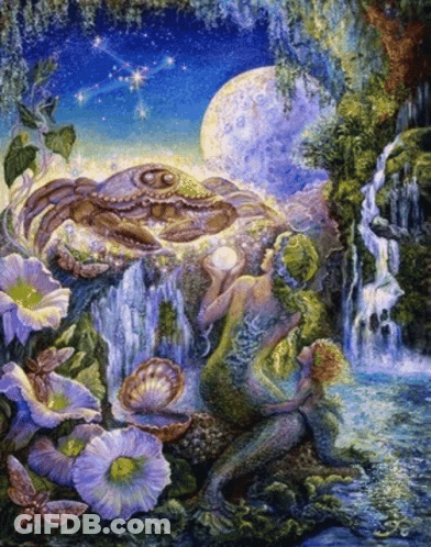 A Painting Of A Crab And A Mermaid With Flowers And Waterfall In The Background GIF