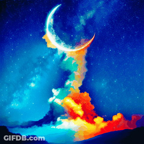 A Painting Of A Crescent Moon Surrounded By Fire And Water GIF