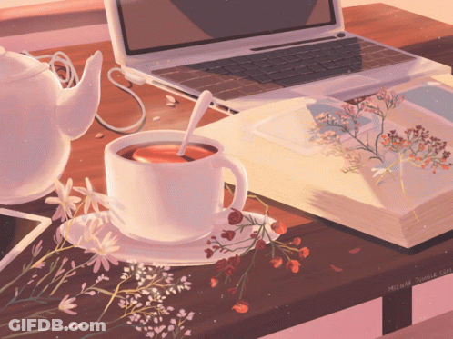 A Painting Of A Cup Of Tea Next To A Laptop GIF