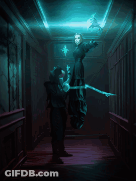 A Painting Of A Dark Hallway With A Green And Blue Pillar In The Middle GIF