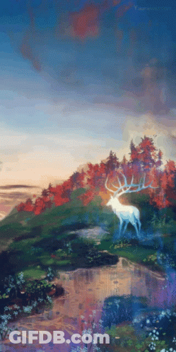 A Painting Of A Deer Standing In A Field With Trees In The Background GIF