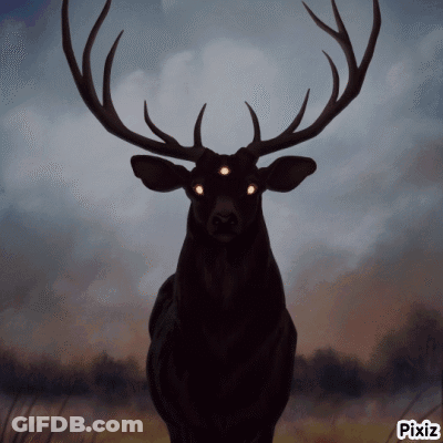 A Painting Of A Deer With Glowing Eyes And Pixiz Written Below It GIF