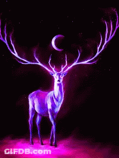 A Painting Of A Deer With Pink Antlers And A Crescent Moon GIF
