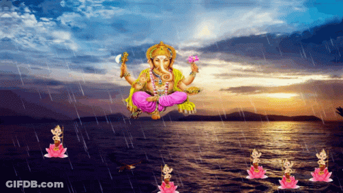 A Painting Of A Deity Flying Over A Lake GIF